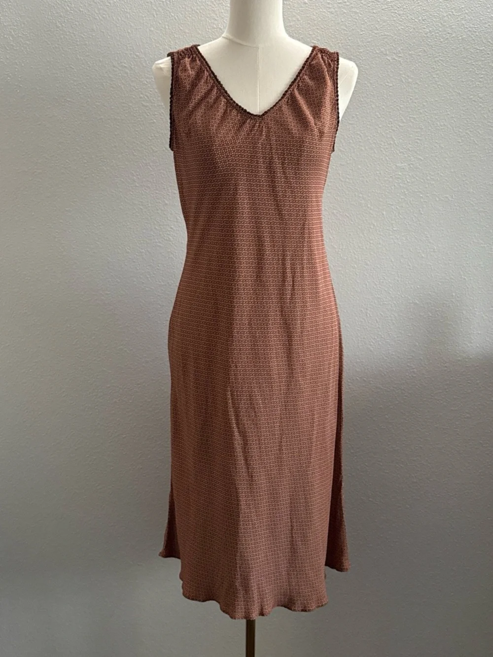 Vintage Tessuto Brown Geometric Print Bias Cut Midi Slip Dress Made in USA Sz L